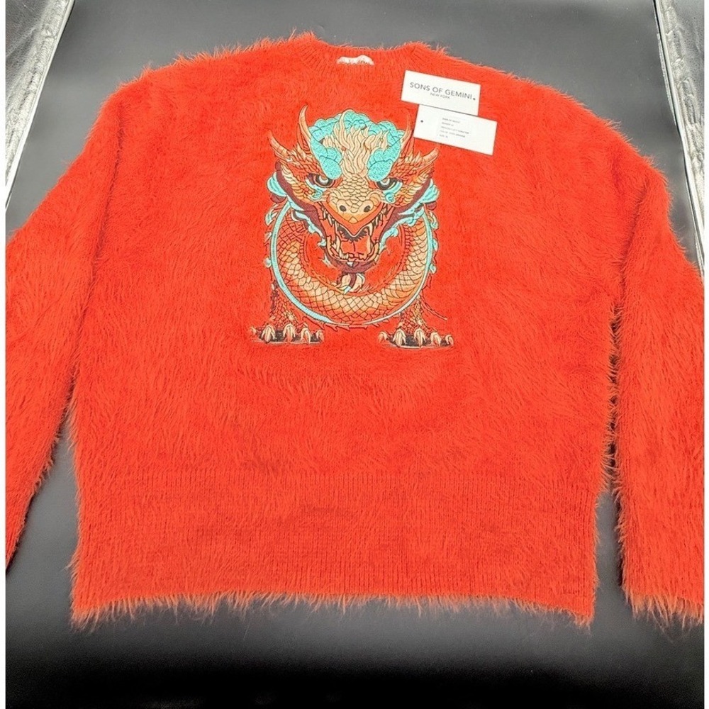 Sons of Gemini Dragon Fuzzy Sweater Fiery Orange Embroidered Size XL NWT